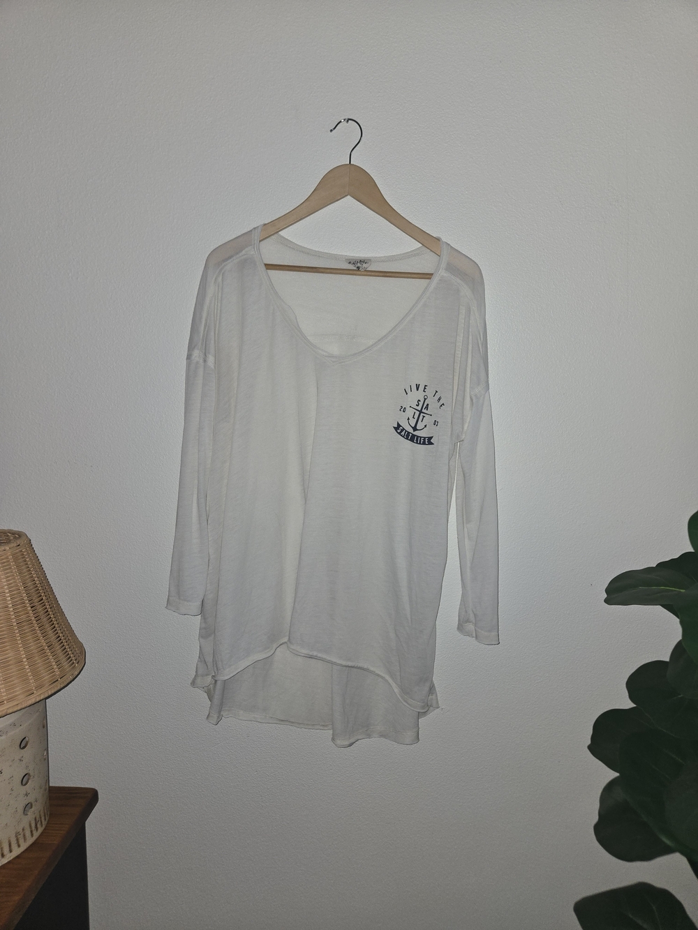 Salt Life White Long-Sleeve Scoop Neck Tee with Navy Anchor Graphic
